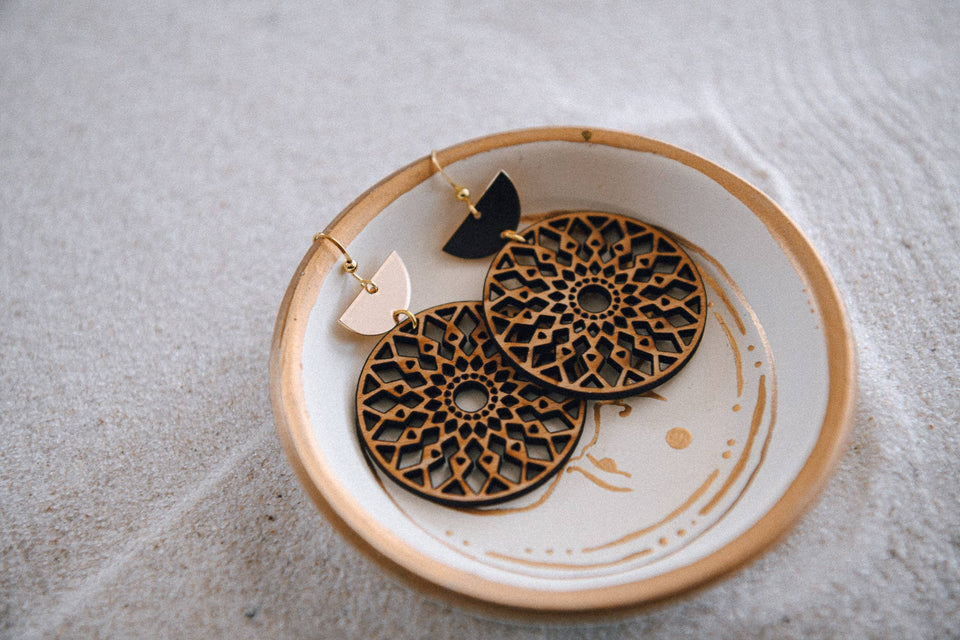 Gold Plated Half Moon and Wood Earrings : Half Moon Mandala Brass