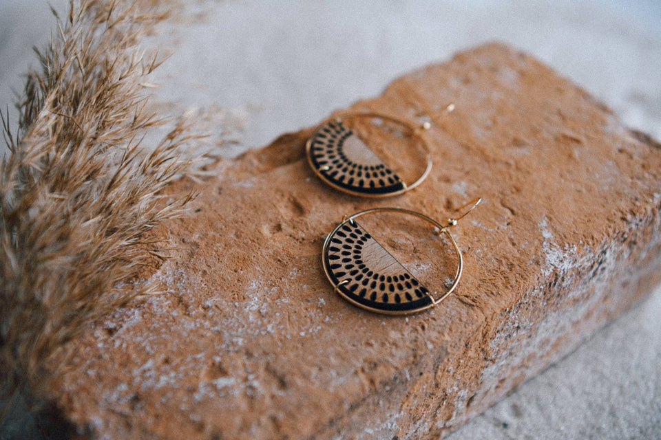 Gold Plated Half Moon and Wood Earrings : Orange Slice Tiered Earrings