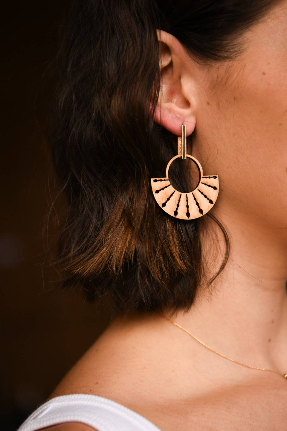 Golden Glow Wood and Gold-Plated Rectangle Earrings: Boho