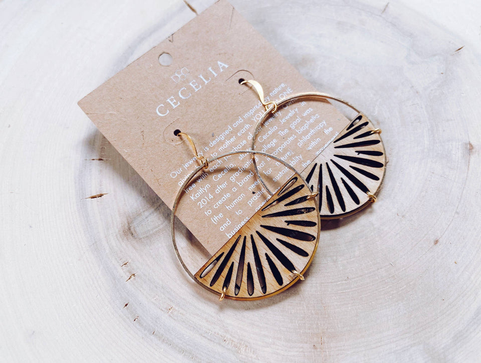 Gold Plated Half Moon and Wood Earrings : Pomegranate Tiered Earrings