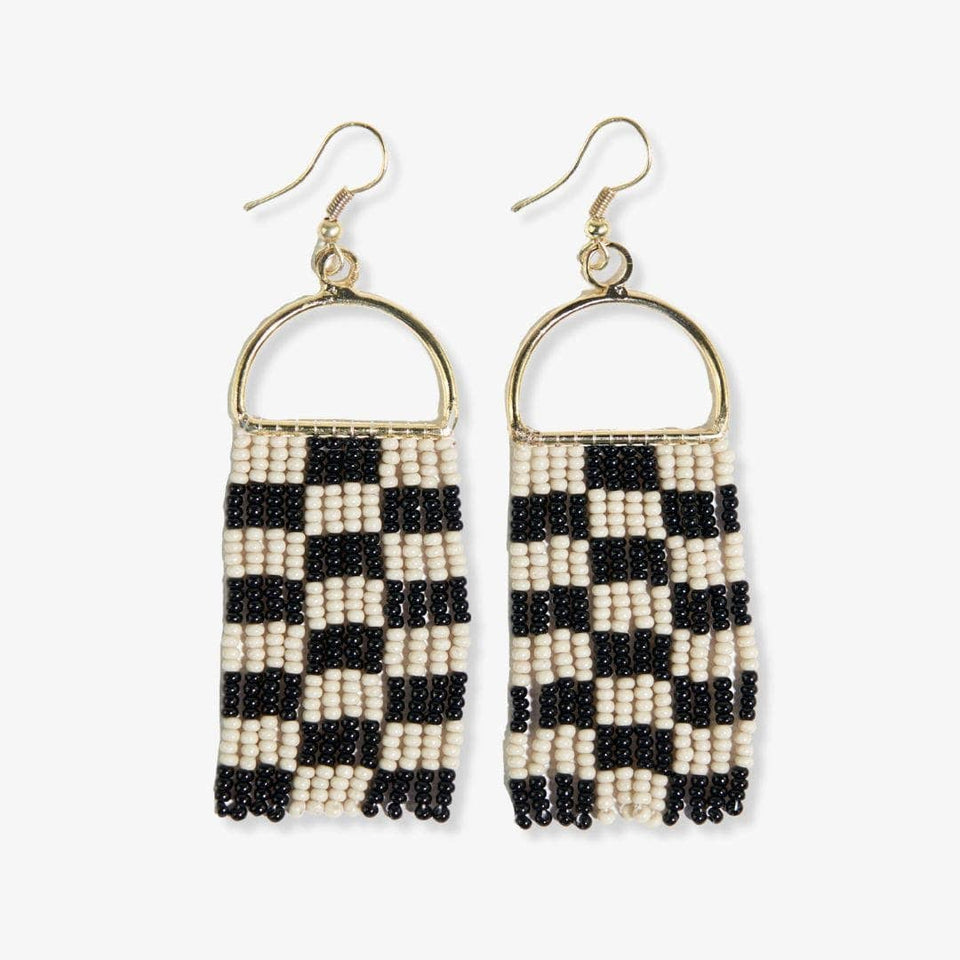 Allison Checked Beaded Fringe Earrings Black and White