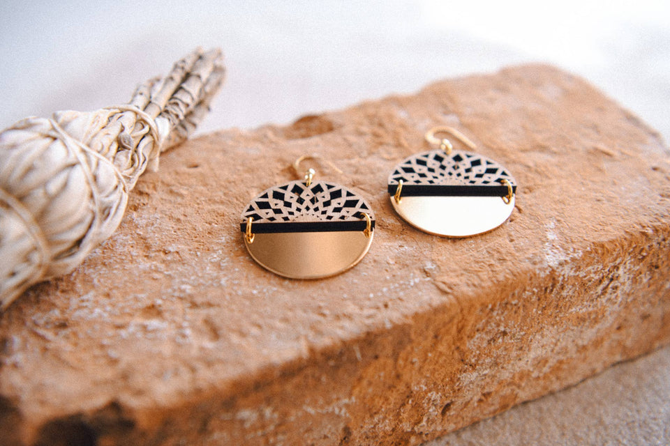 Gold Plated Half Moon and Wood Earrings : Mandala Tiered Earrings