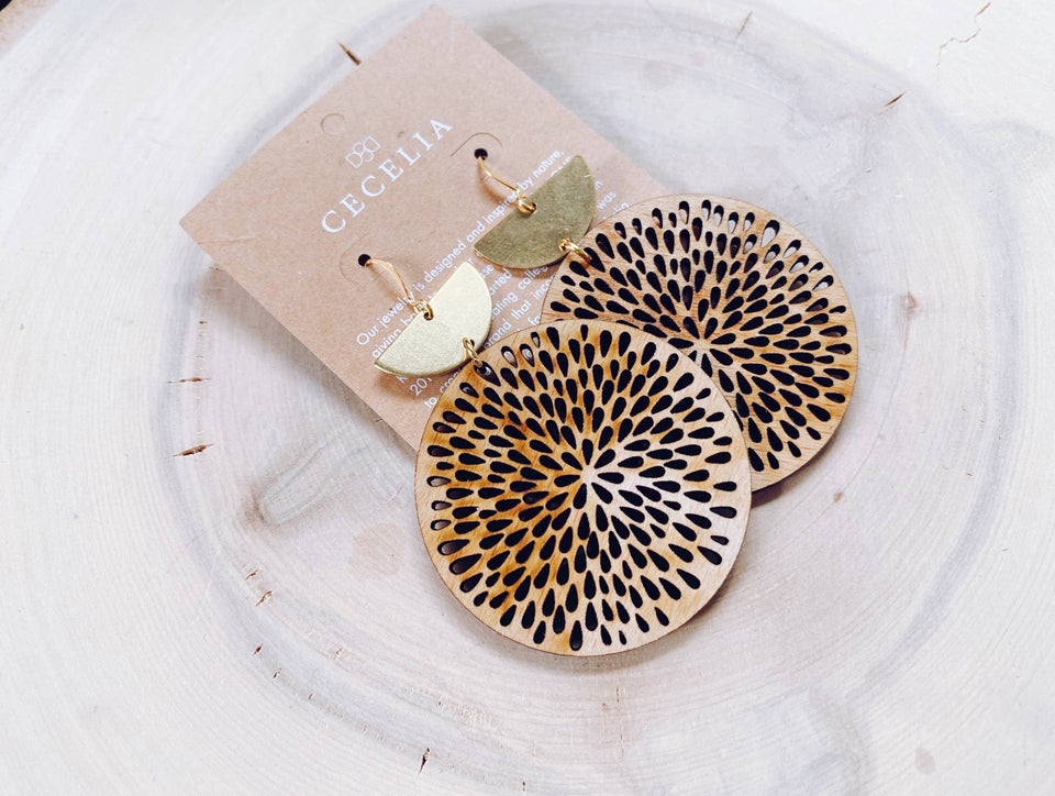 Gold Plated Half Moon and Wood Earrings : Mandala Tiered Earrings