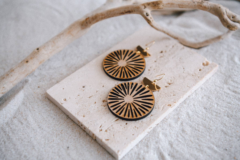 Gold Plated Half Moon and Wood Earrings : Mandala Tiered Earrings