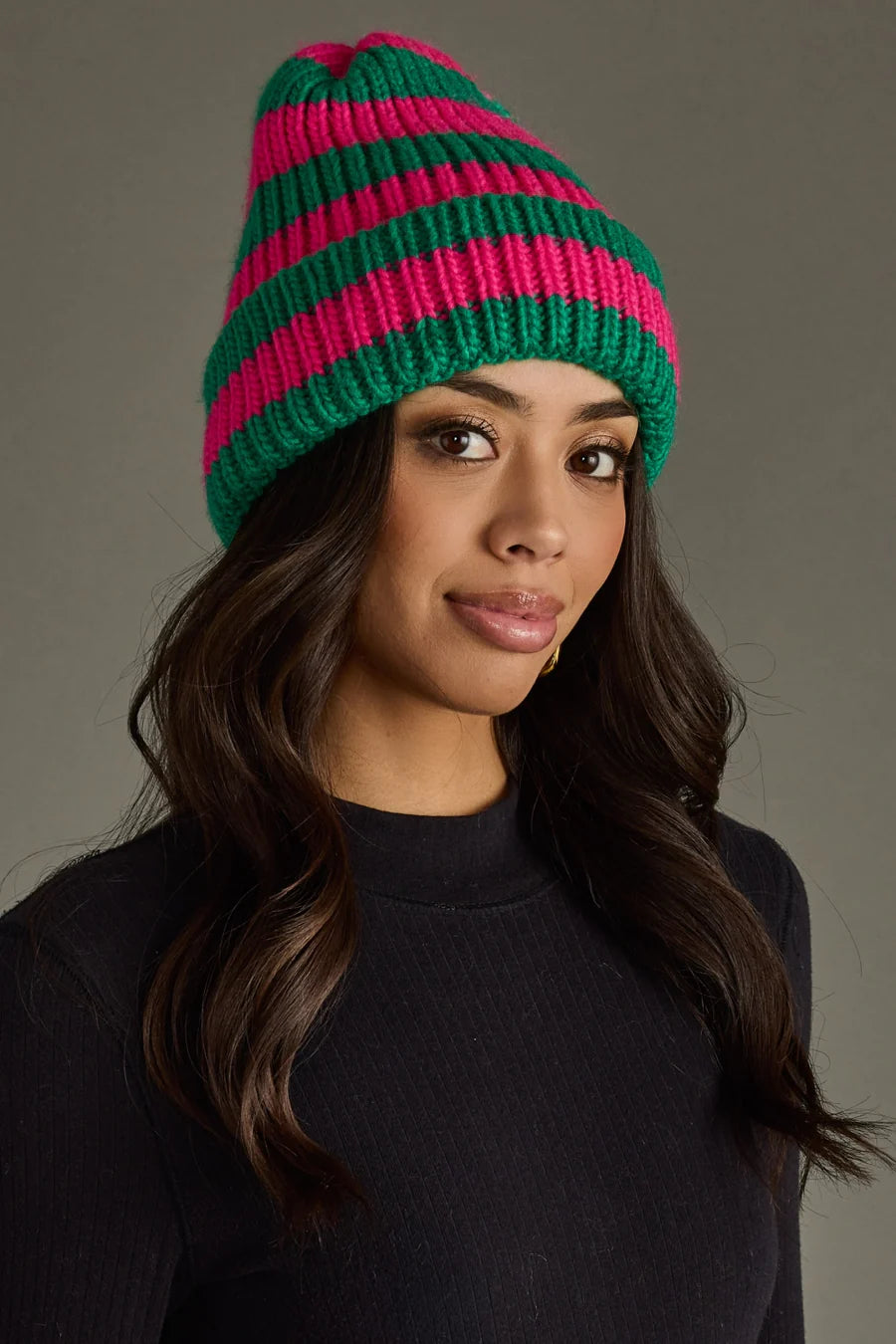Green & Pink Striped Beanie