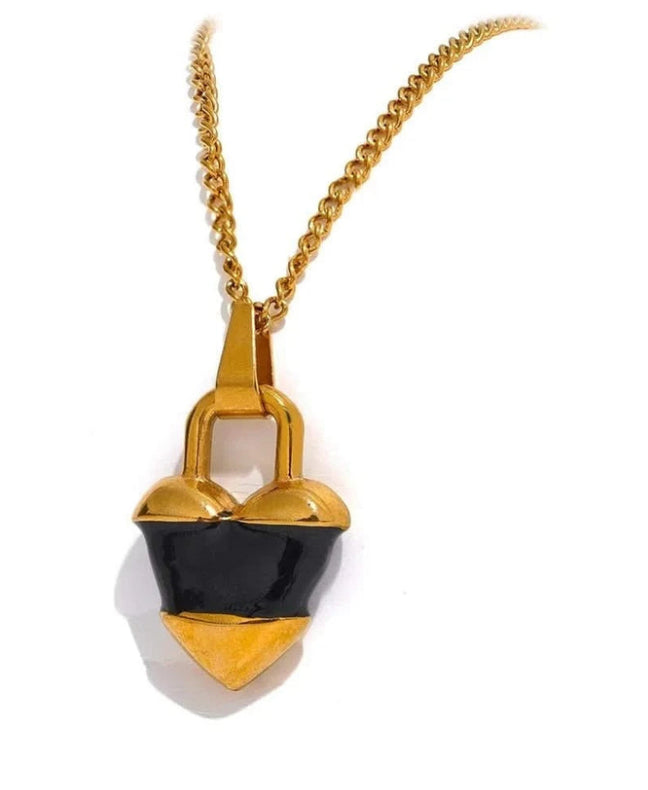 Black & Gold Heart Padlock Chain Necklace