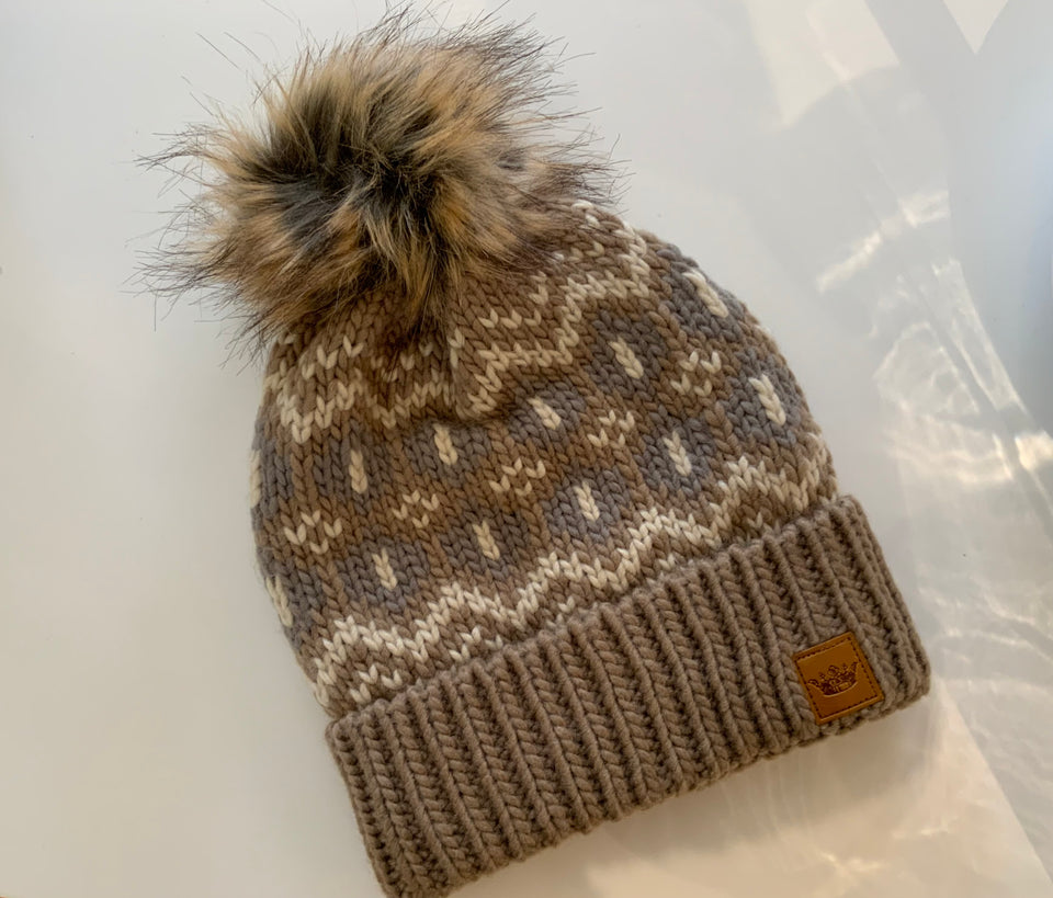 Tan, White, Gray Patterned Pom Hat | petite shops