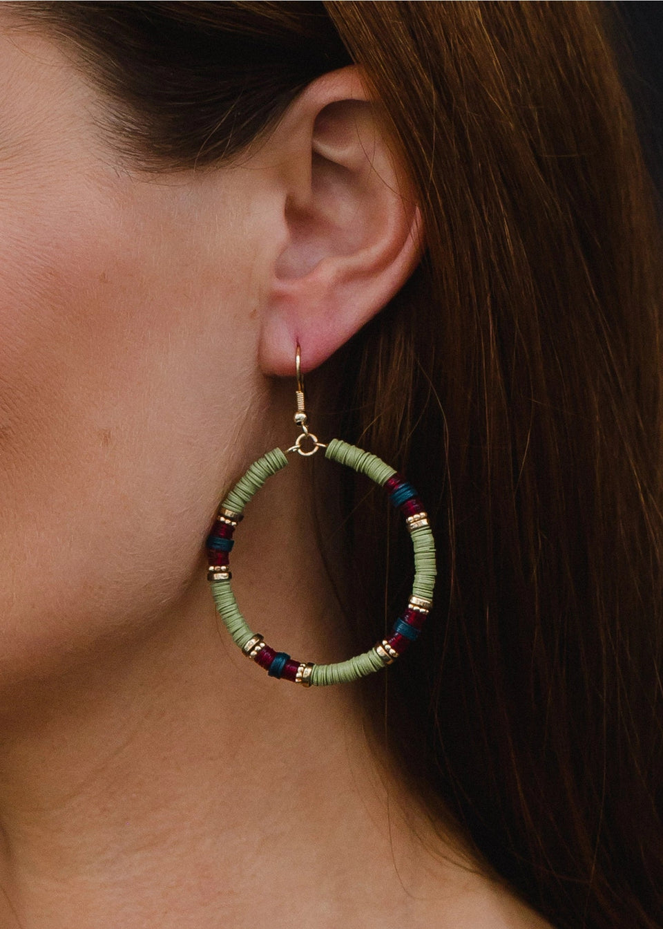 Green Beaded Hoop Dangle Earrings | petite shops