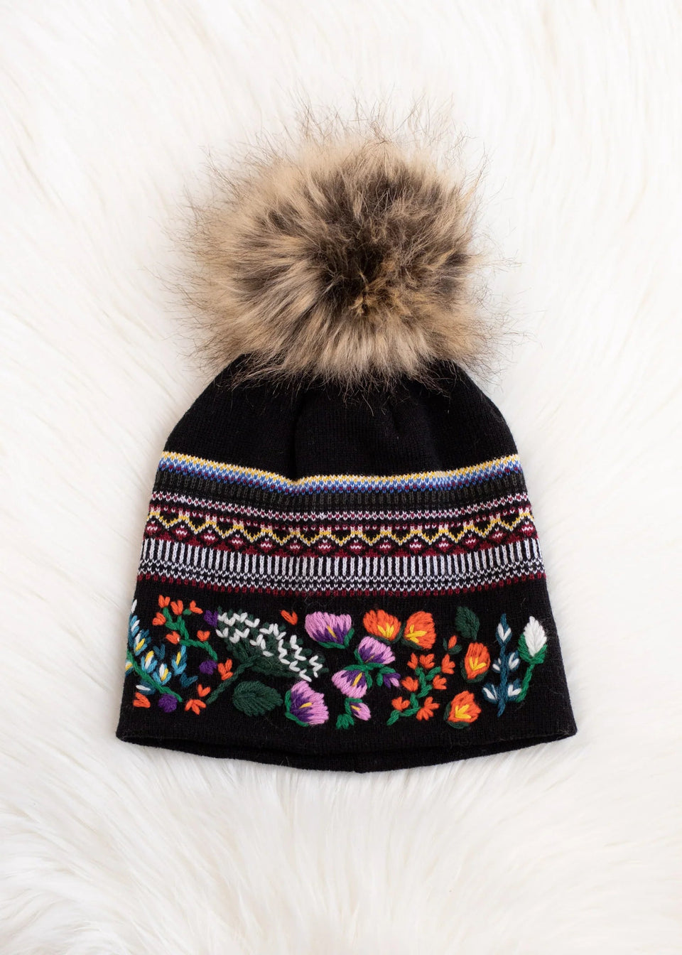 Black Embroidered Pom Hat | petite shops