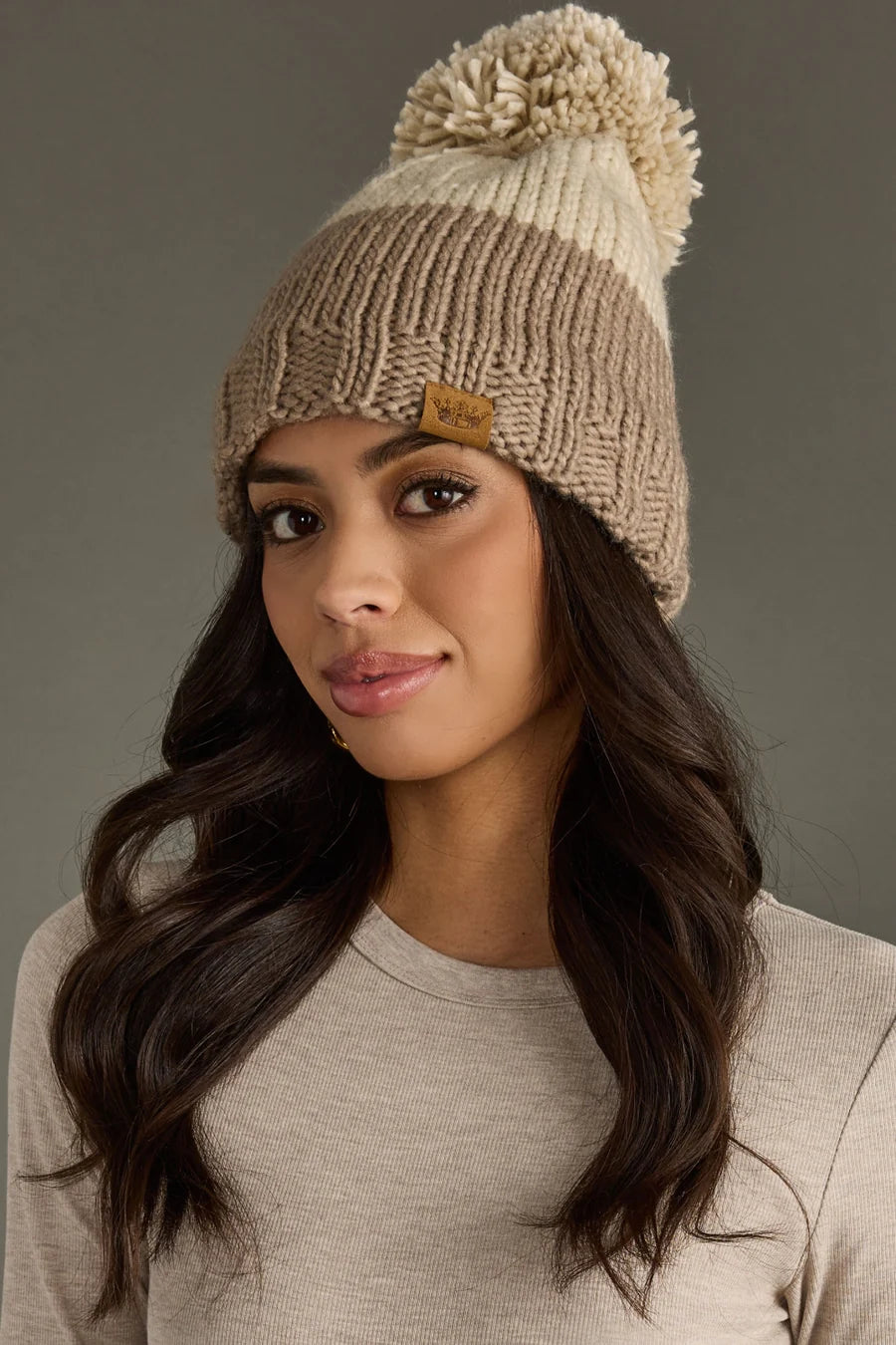 Beige & Taupe Color Block Pom Hat