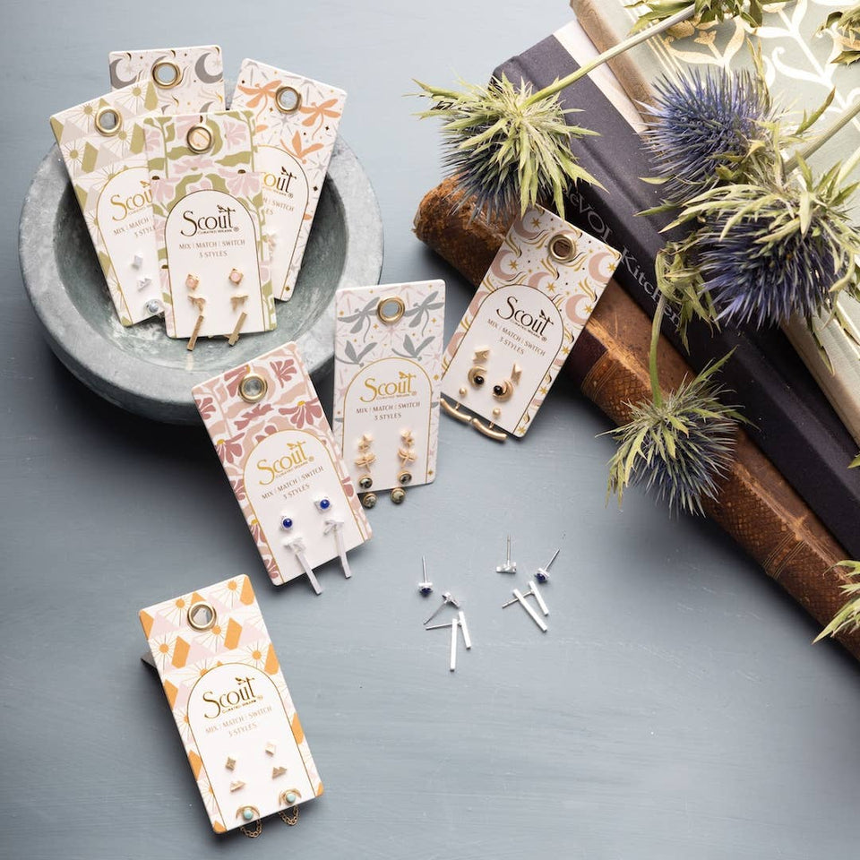 Stud Trio Ear Jacket Set - Leaf/Lapis/Silver