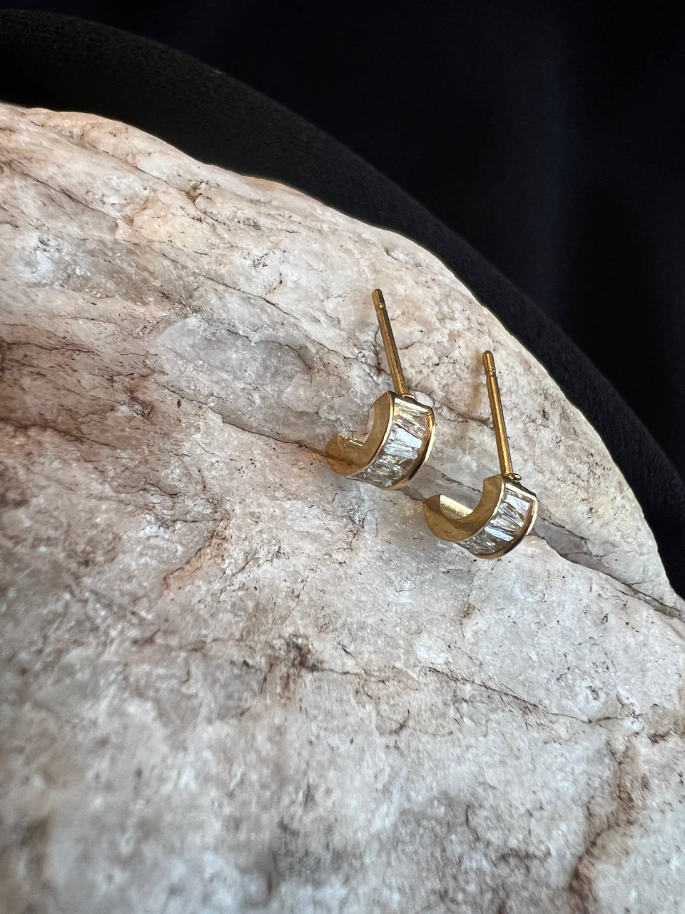 Dainty Crystal Hoop Stud-Emerald CZ, Stainless Steel Gold Pl