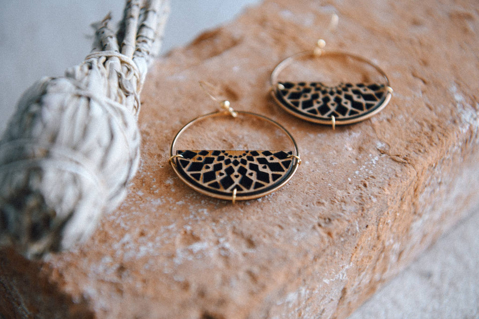 Gold Plated Half Moon and Wood Earrings : Mandala Tiered Earrings