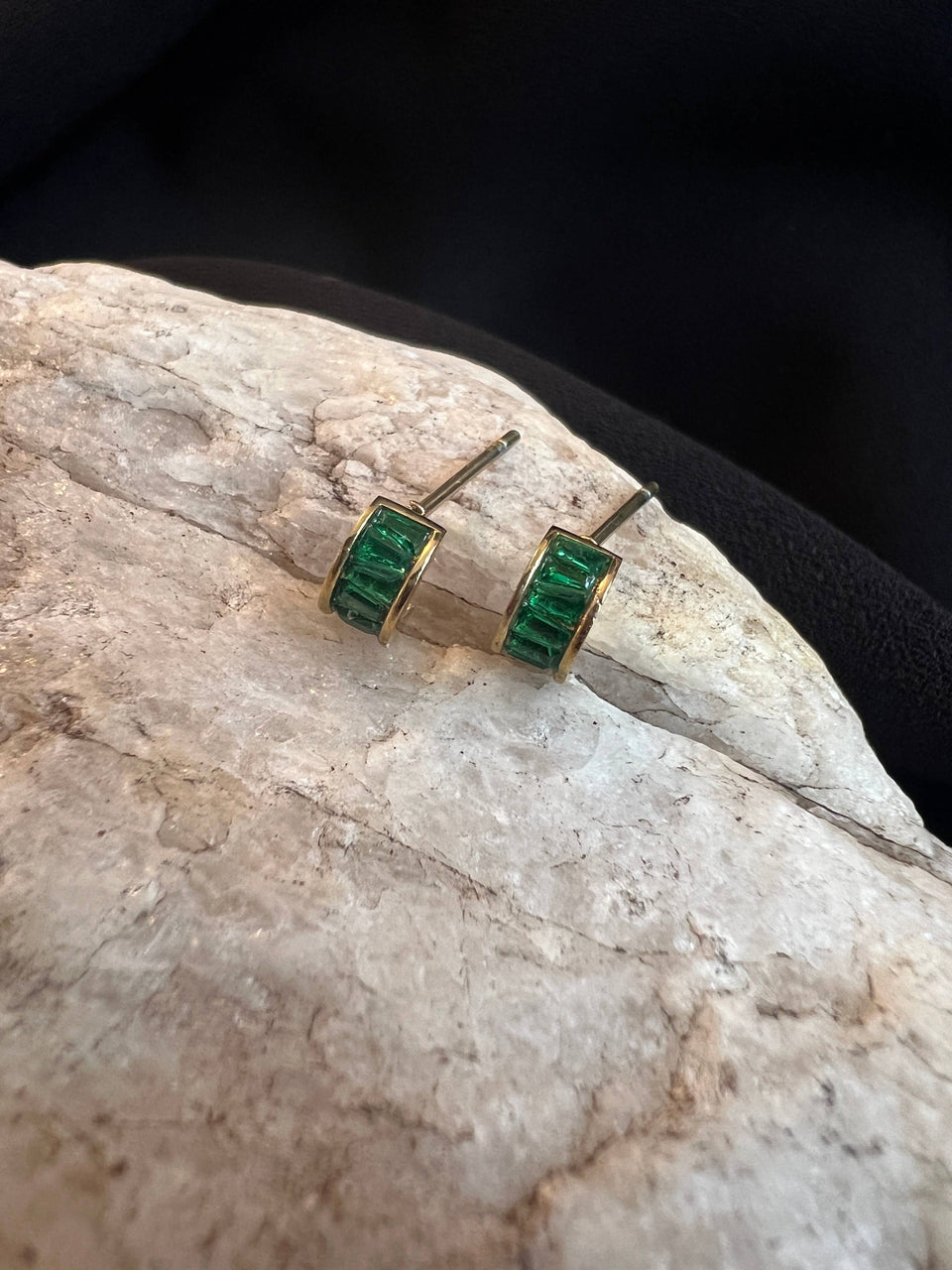 Dainty Crystal Hoop Stud-Emerald, Stainless Steel Gold Plate