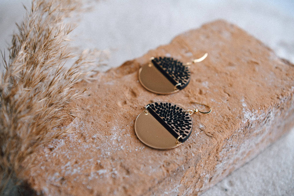 Gold Plated Half Moon and Wood Earrings : Half Moon Mandala Brass