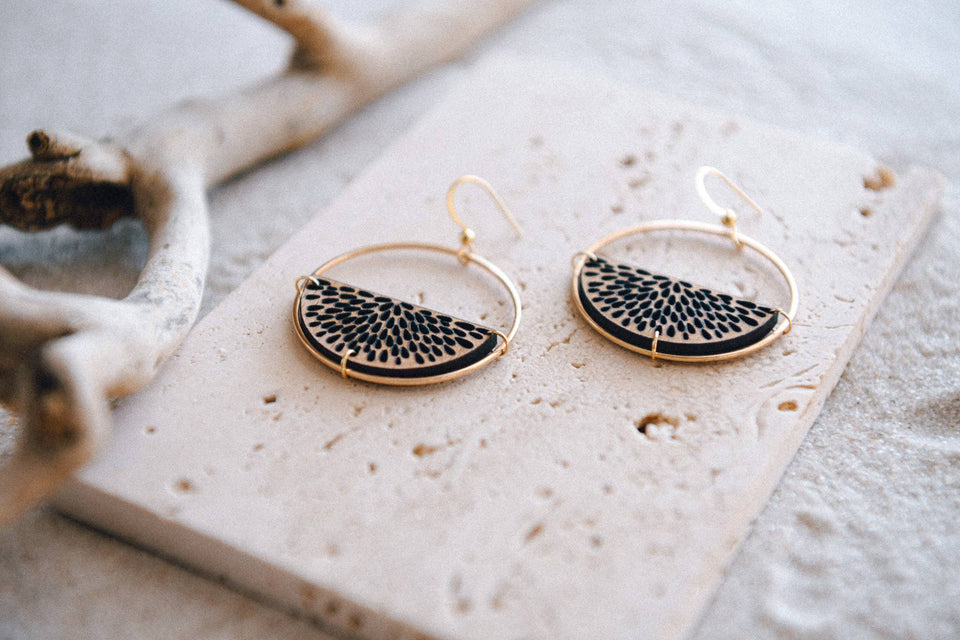 Gold Plated Half Moon and Wood Earrings : Pomegranate Tiered Earrings