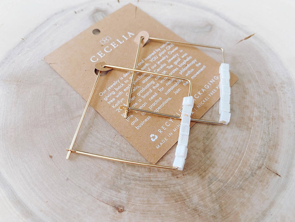 Gold Plated Beaded Square Hoop Earrings: Matte Grey TOHO