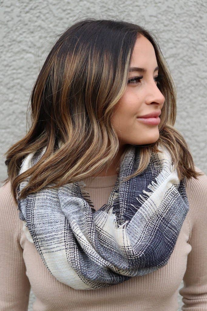 Tan & Grey Plaid Infinity Scarf