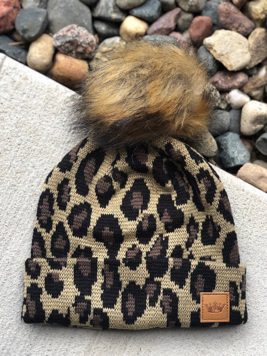 Leopard Print Kids Hat with Pom