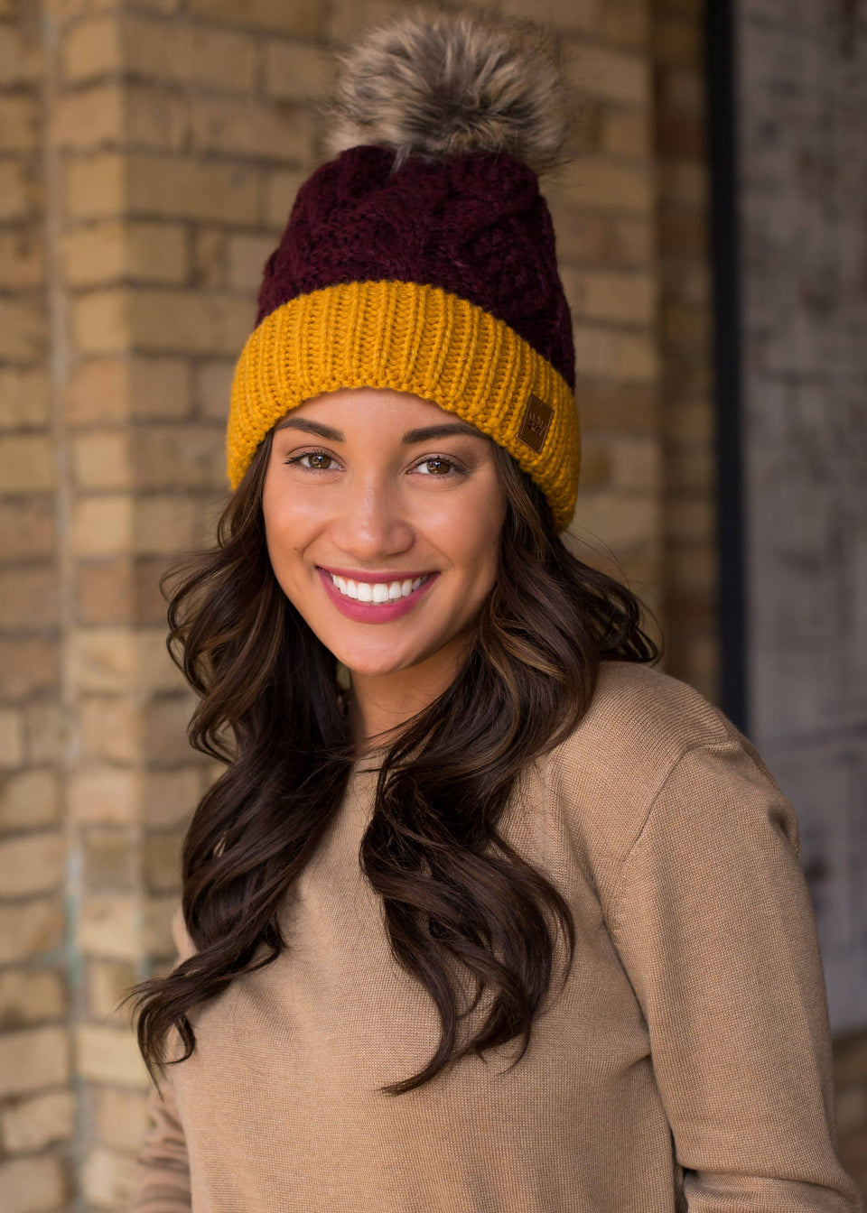 Maroon & Gold Trim Cable Knit Pom Hat | petite shops