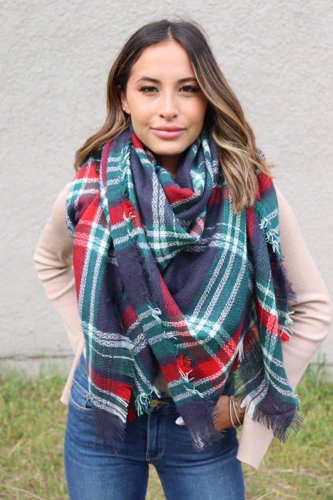 Navy & Green Plaid Blanket Scarf