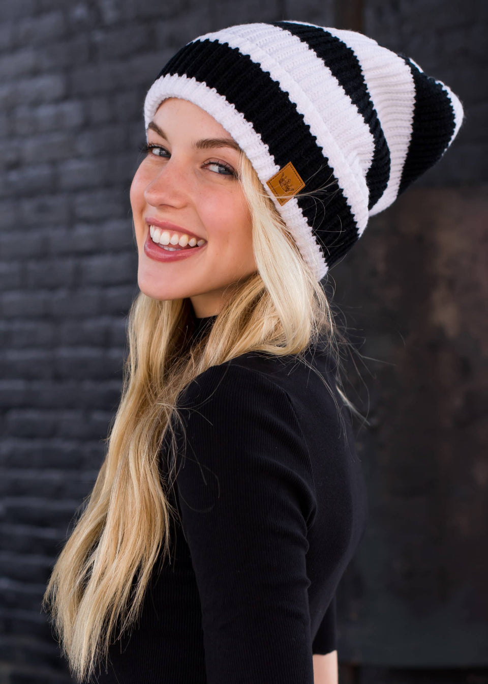 White w/ Black Stripes Slouchy Beanie | petite shops