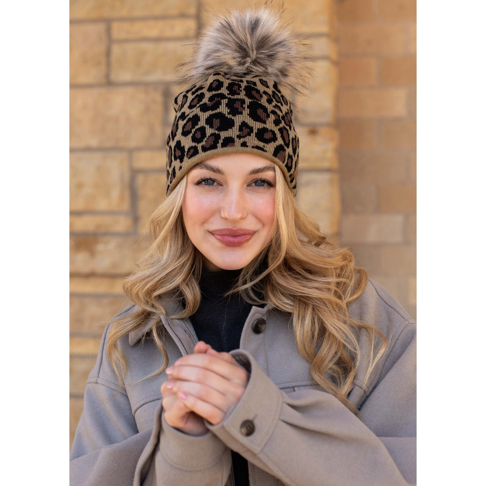 Leopard Knit Hat with Pom