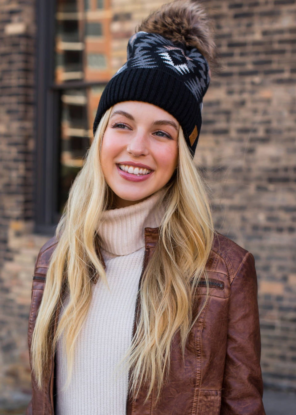 Black, Grey & Tan Tribal Pom Hat | petite shops