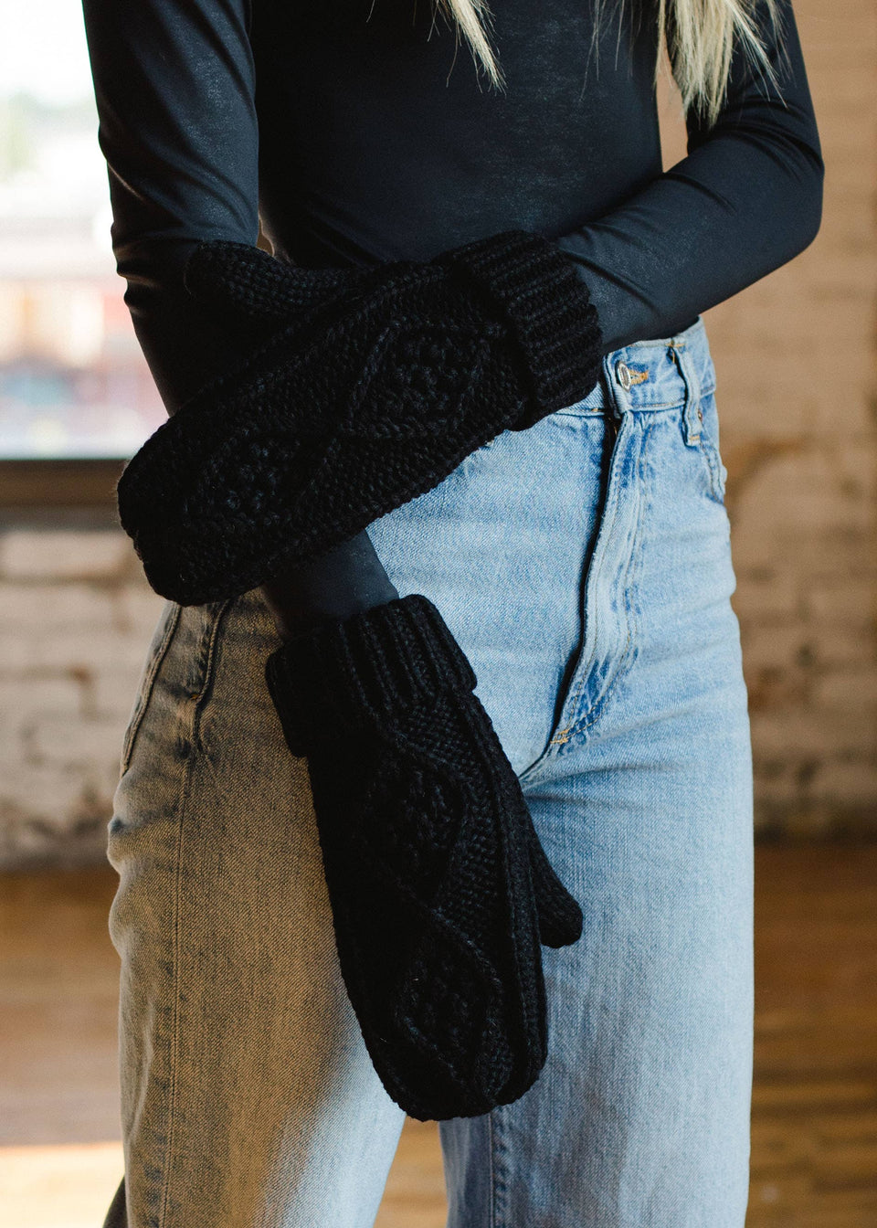 Black Cable Knit Mittens | petite shops