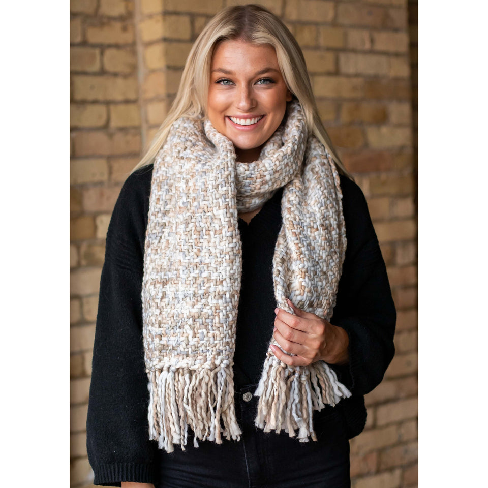 Long Woven Scarf with Fringe - Cream & Gray